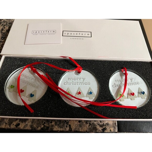 Spaceform London Glass Merry Christmas sandblasted ornaments keepsake set 3 New - Picture 1 of 4